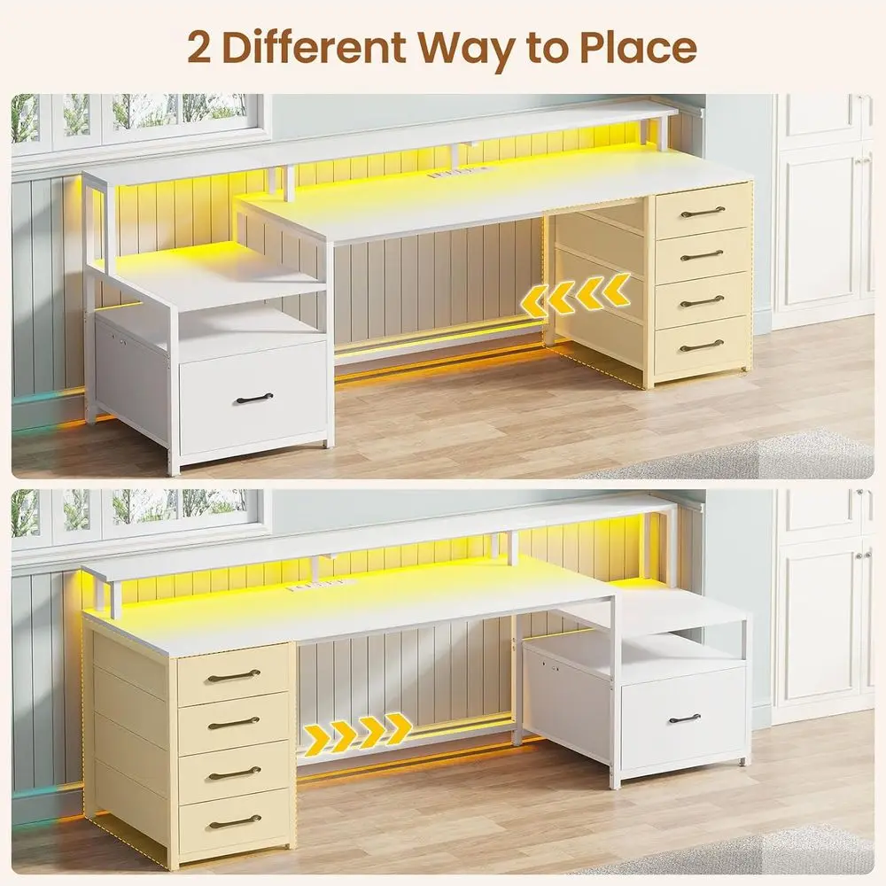 White Computer Desk with 5 Der & Power Outlet, 66'' Home Oice Desk with ile Der, Storage Shelves, Printer Cabinet and Monitor Sh