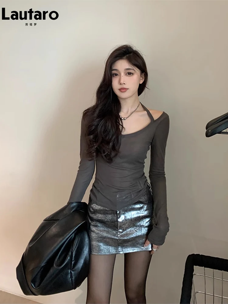 Lautaro Summer Autumn Silver Reflective Shiny Patent Pu Leather Mini Skirt Women High Waist Sexy Y2K Clothes 2000s Streetwear