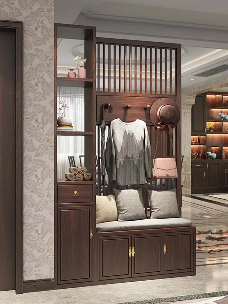 New Chinese-style screen partition, living room all-solid wood shoe cabinet, household coat rack, shoe changing