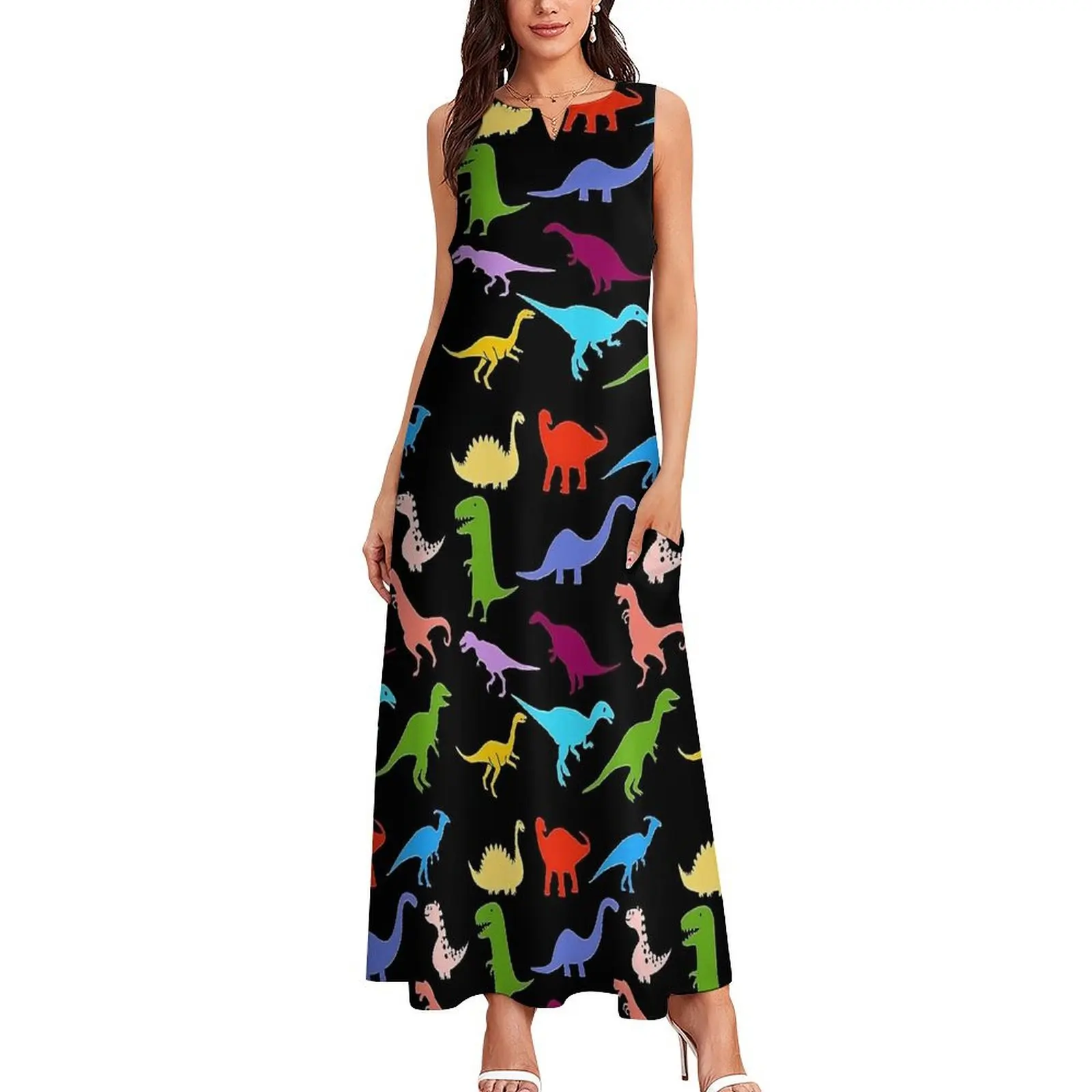 Vestido bonito de dinosaurios coloridos con estampado de animales, Maxi vestido de playa bohemio estético, Vestidos largos de playa de verano con cuello en V, Vestidos personalizados 5XL