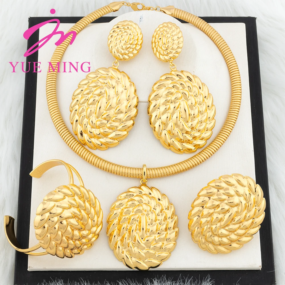 

YM Gold Color Jewelry Set Luxury Large Necklace Cuff Bracelet Adjustable Ring Nigerian Wedding Earrings African Jewelry Accessor