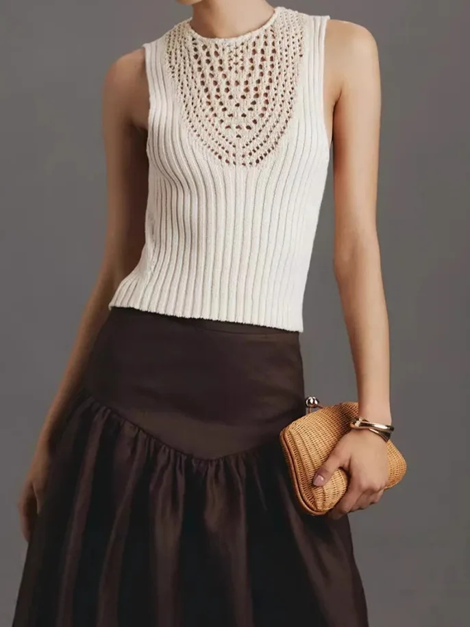 

Летний вязаный жилет с вырезами, облегающий, без рукавов, из эластичного трикотажа в рубчик, шикарный легкий пляжный топ для многослойных образов