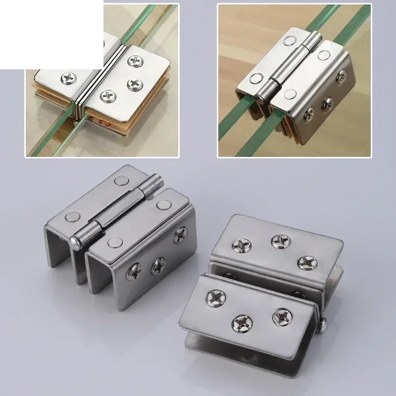 Glass Door Hinge Double Sided Without Drilling Hole Stainless Steel Cabinet Cupboard Glass Clamps Clip for 4/9/12mm 180 Degree
