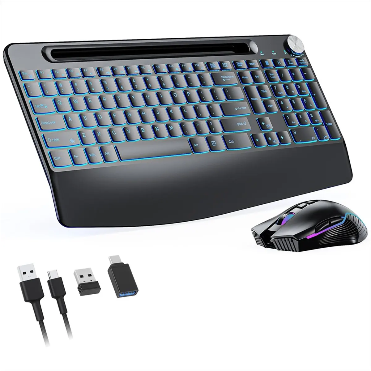 [VALUE PACK]Ergonomic 2.4G Wireless Rechargeable Keyboard Mouse Set for Laptop RGB Color Backlit with Mouse Jiggler