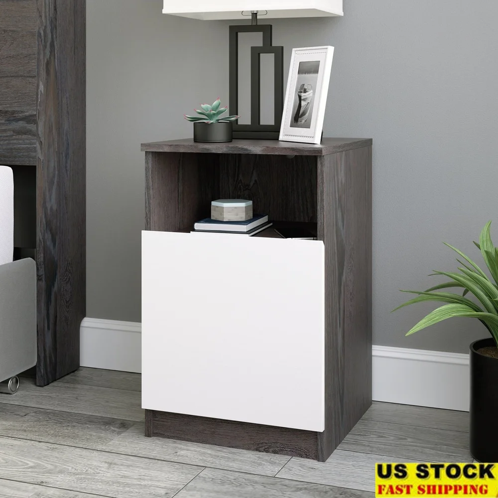 

Contemporary Nightstand with Drawer Open Shelf Cord Management Chamfered Edge Charcoal Ash Finish Bedroom Furniture Storage