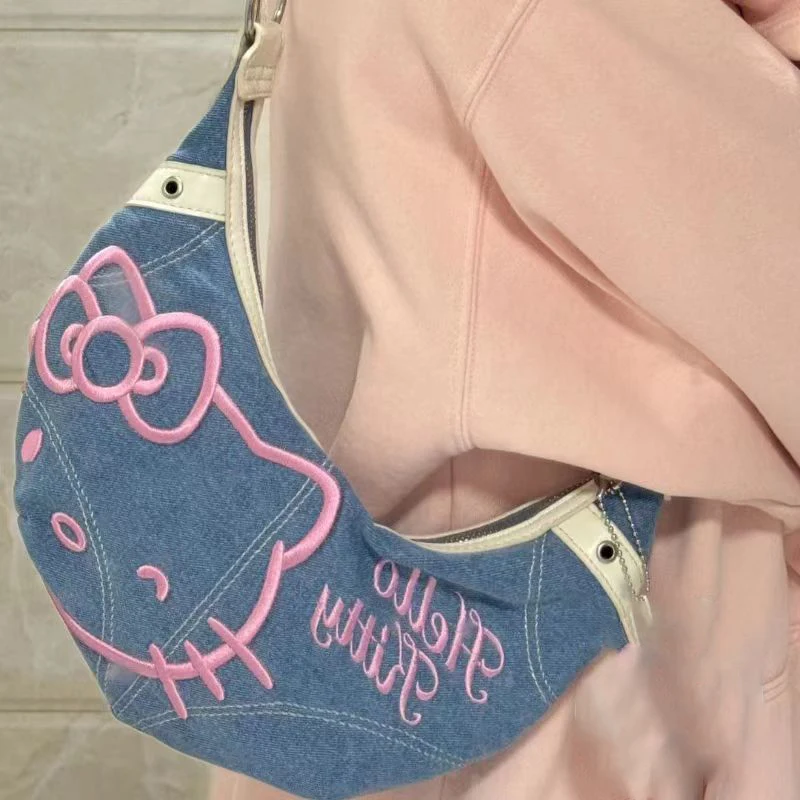 Y2K Hello Kitty Shoulder Bag Sanrio Crossbody Bags Cartoon Portable Retro Denim Handbag Kawaii Cute Messenger Bag Girls Gifts