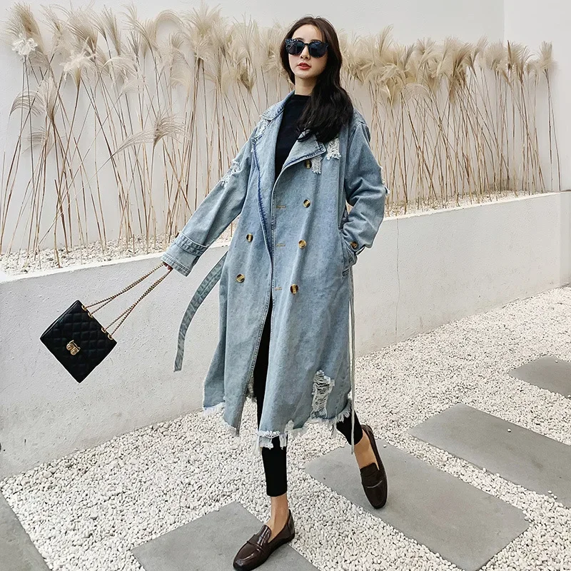 

Vintage Light Blue Frayed Hole Denim Trench Coat With Belt Spring New Women Loose Casual Lapel Mid-length Windbreaker Overcoat