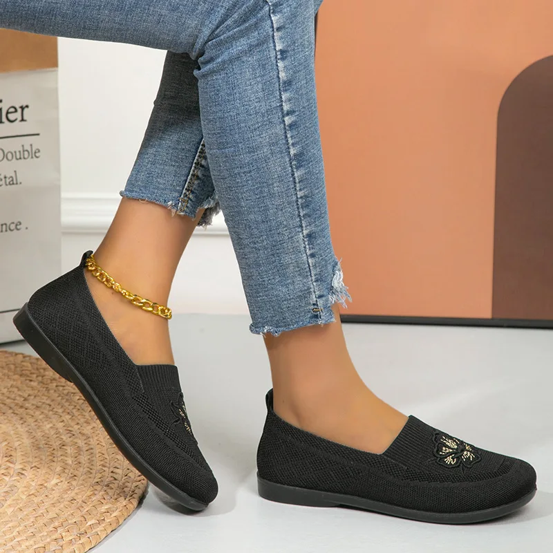 Damen-Strick-Slipper mit Blumenstickerei, flache Schuhe, atmungsaktives Mesh-Material, weiche Sohle, ideal für ältere Damen, Mütter, zum täglichen Gehen. – Detail 7