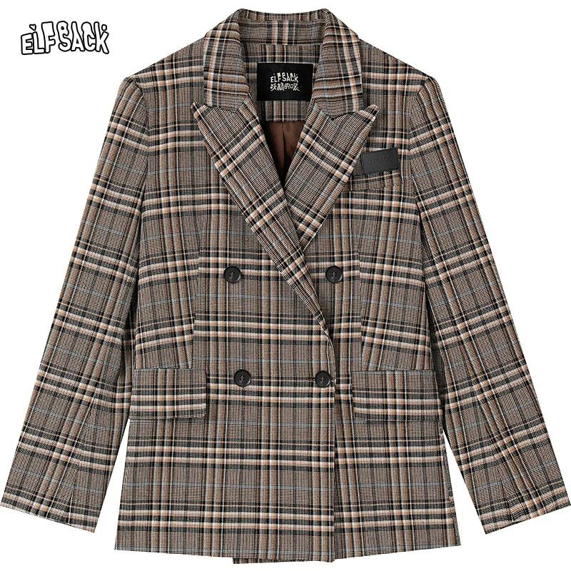 ELFSACK Checkered Brown Suit Jackets Women 2023 Summer New Casual Coats