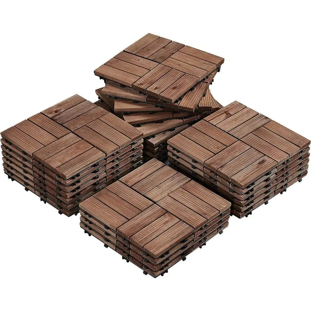 

27PCS Wooden Decking Tiles 12 x 12in Hardwood Interlocking Patio Deck Tiles Composite Floor Covering for Platform Patio Garden