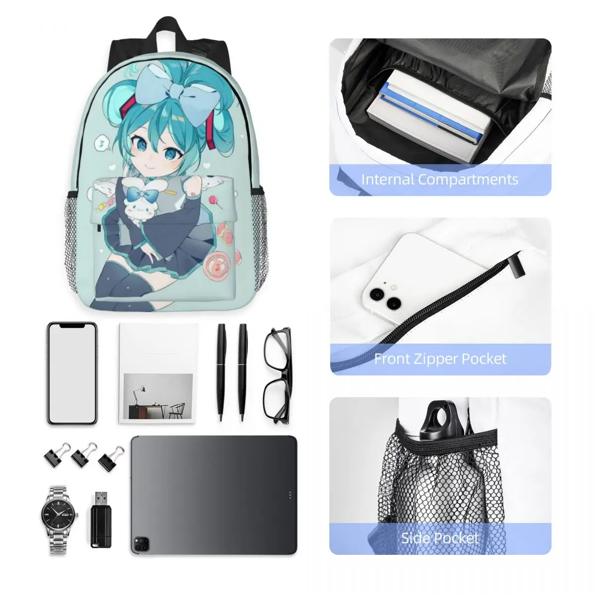 Wodoodporny plecak Hatsune Miku 15 cali — lekka torba podróżna z wieloma kieszeniami do organizacji