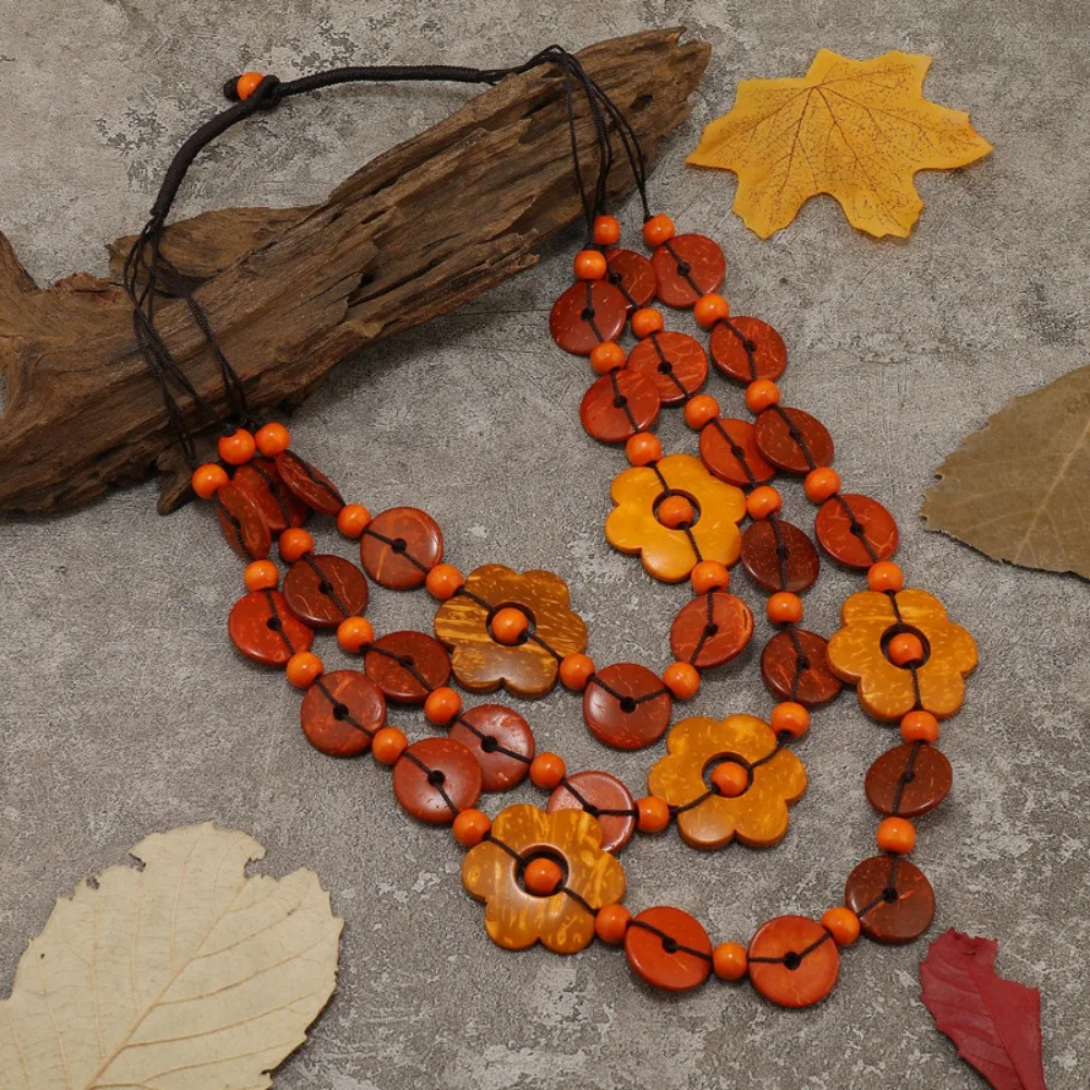 

Multi Layer Colorful Petal Bead Necklace Wood Tassel Petal String Bohemian Maxi Necklace Coconut Husk Fashion