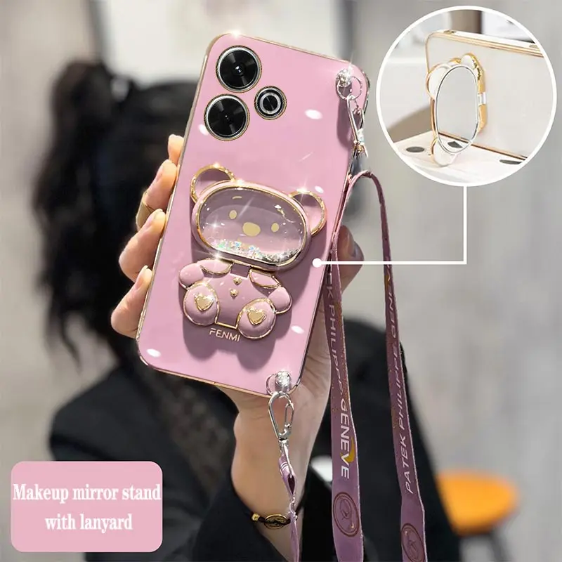 13 Cute Raccoon Makeup Mirror Plating Phone Holder Case For Xiaomi Redmi 13 13C A3 Turbo3 Shatterproof Soft Back Cover