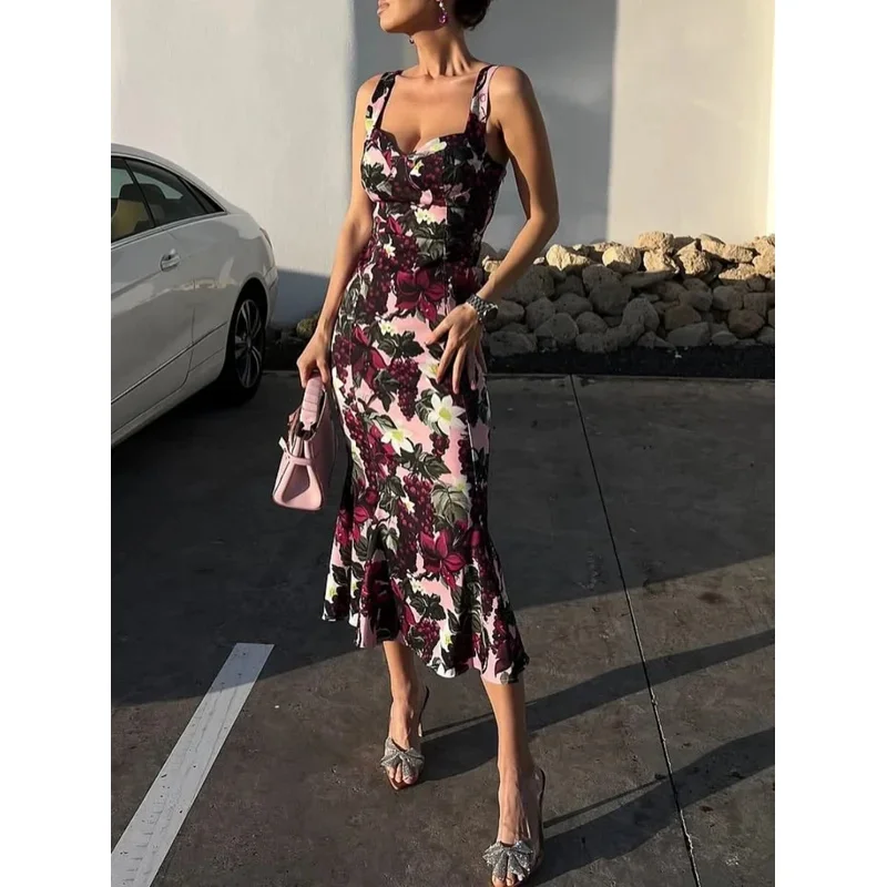 Abito da donna vintage casual chic con stampa di frutta, design a tromba ondulata, primavera estate 2025, moda da spiaggia per le vacanze