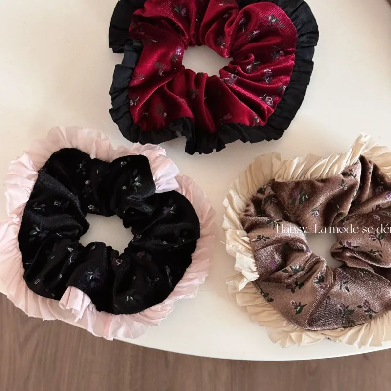 Ballet style pleated edge velvet fresh floral hair band sweet flower large intestine ring niche ponytail hair accessories new