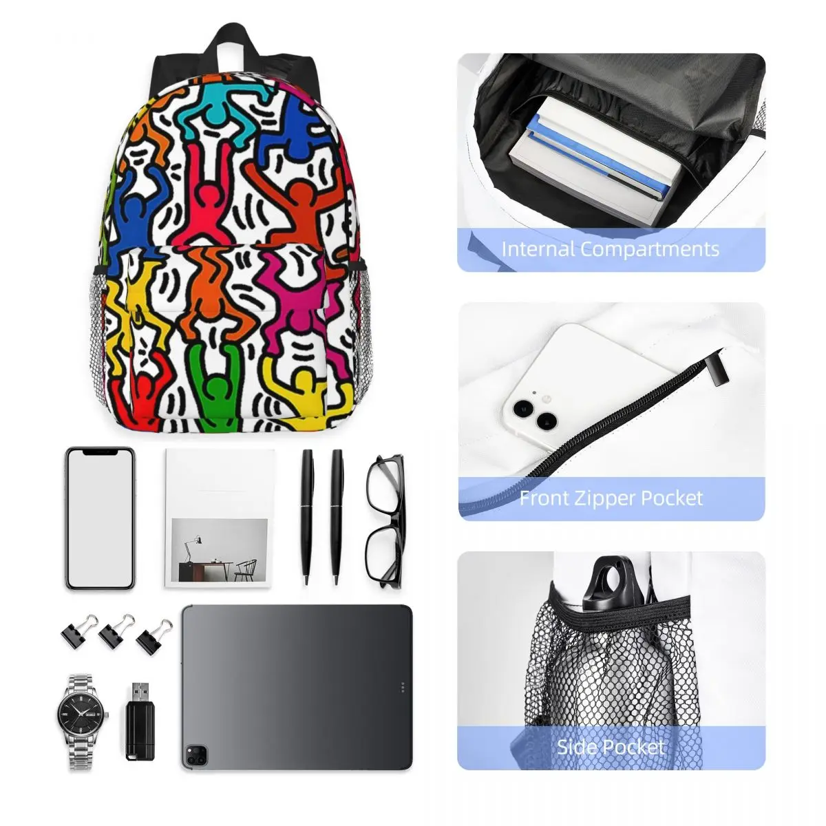 Geometric Colorful Haring Stick Figure Acrobats Backpack School College Students Bookbag 15 Inch Laptop Abstract Pop Art Bags