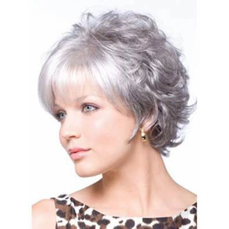 HAIRJOY Women Synthetic Hair Short Layered Curly Puffy Bangs Silver Grey Wig Machine Made