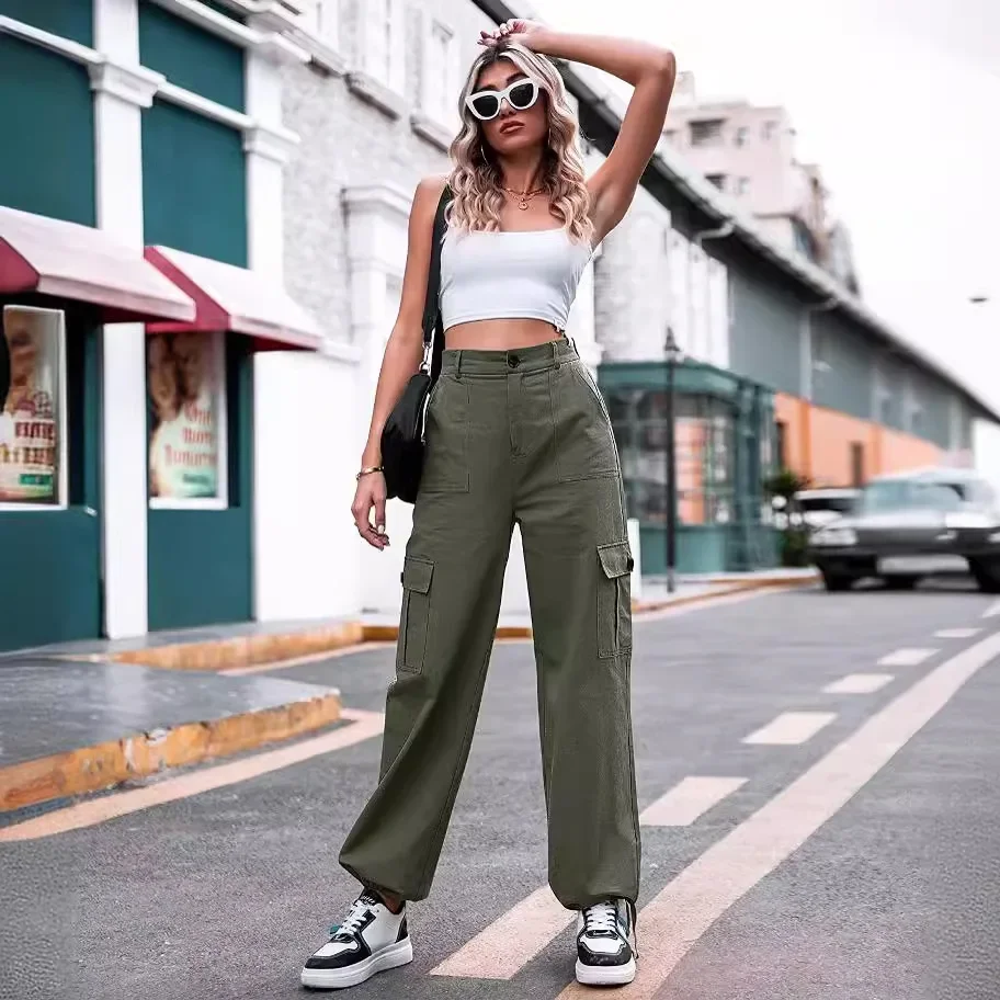 Summer New Casual Pants Women's Cotton High Waist Wide Leg Overalls, Fashion Solid Color Loose Straight Long Pants for Women