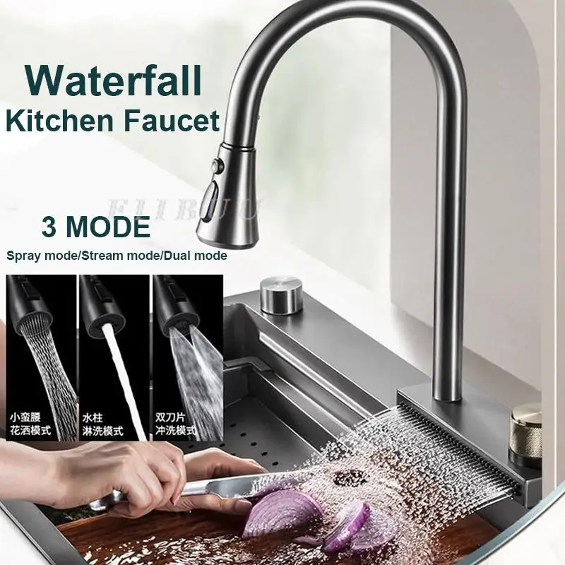 Imagem -04 - Cachoeira Cozinha Pia com Dreno Topmount Wash Basin Single Bowl Workstation Faucet Faca Titular Acessórios Aço Inoxidável