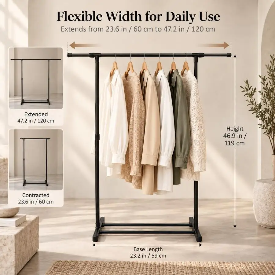 Multi-Functional Minimalist Freestanding Adjustable Clothing Rack With Expandable Hanging Rod, Minimalist Freestanding Garment O