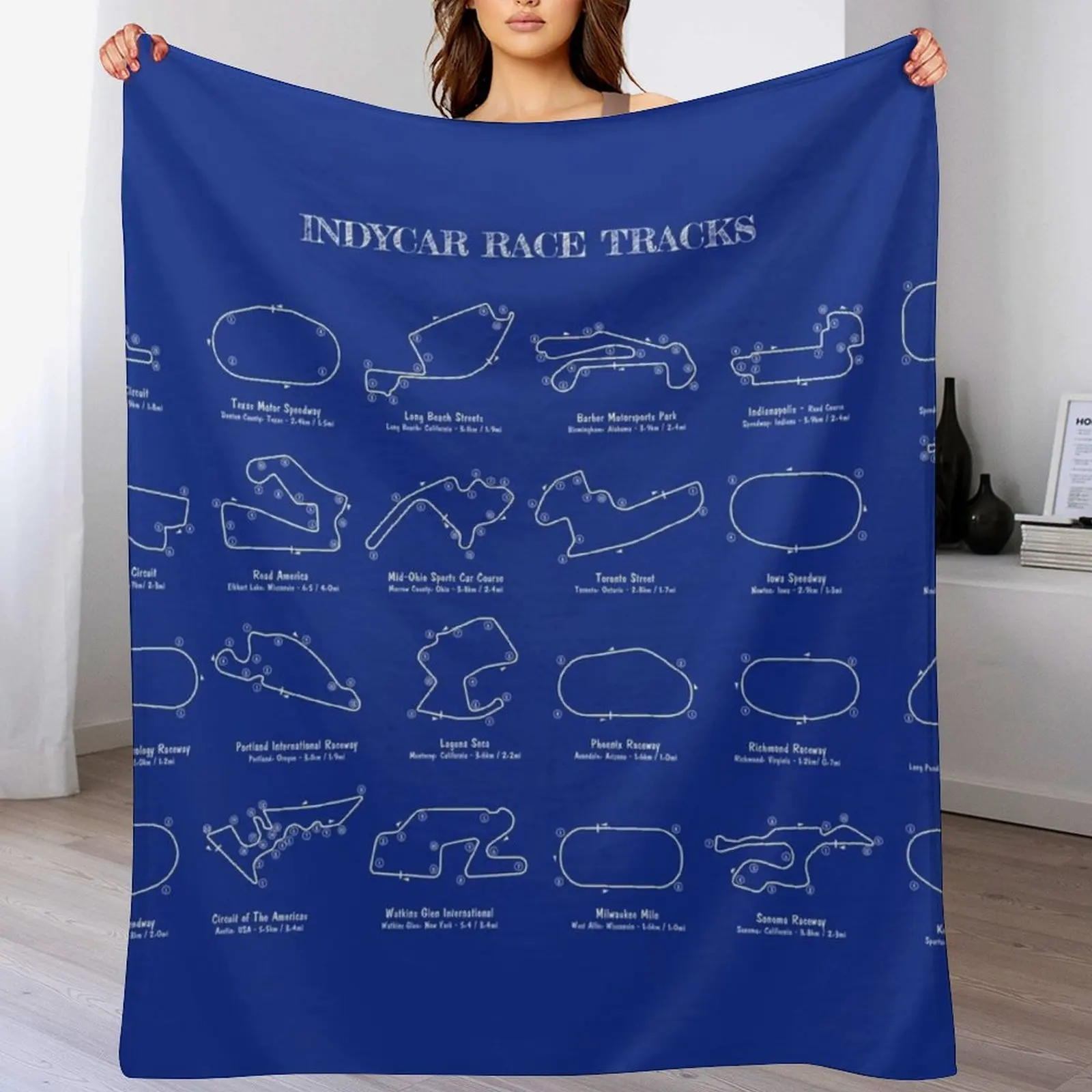 Indycar Race Tracks (White Stencil-No Background) Throw Blanket Hairys Cute Blankets