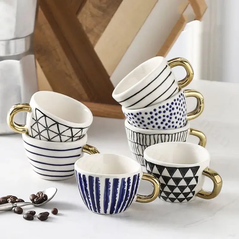 Creative American Style Ceramic Mugs Coffee Cups Afternoon Tea Golden Stroke Geometry Irregular Coffee Cup Italian Espresso Mug