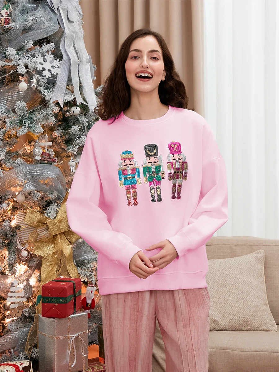 Womens Sequin Christmas Sweatshirt Sparkly Cartoon Crew Neck Long Sleeve Pullover Tops Casual Streetwear