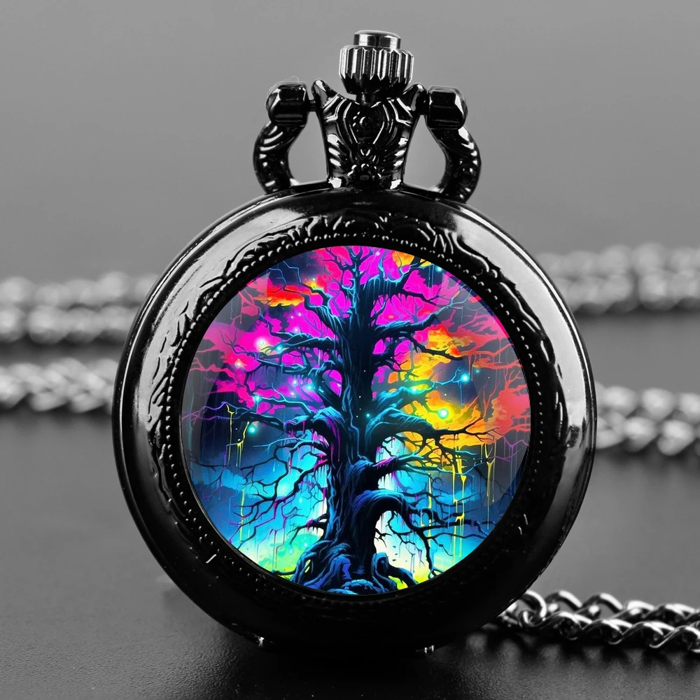 Back-to-school Gifts for Kids Quartz Pocket Watch Magic Tree Design Glass Dome Necklace Pendant Clock for Mens Womens