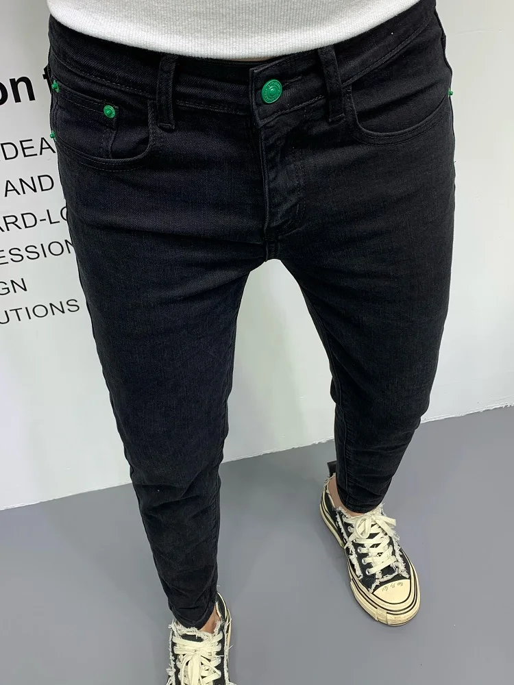 Summer New Pure Bla Men's Jeans Embroidered Letter Slim Fit Faionable Nine Point Elastic Casual Cotton Stretch Denim