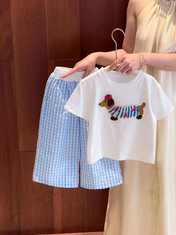 

Girls Boys Summer Outfit 2026 New Fashion Towel Embroidery Short Sleeve Plaid Long Pants Children Brother Sister Clothes Trendy