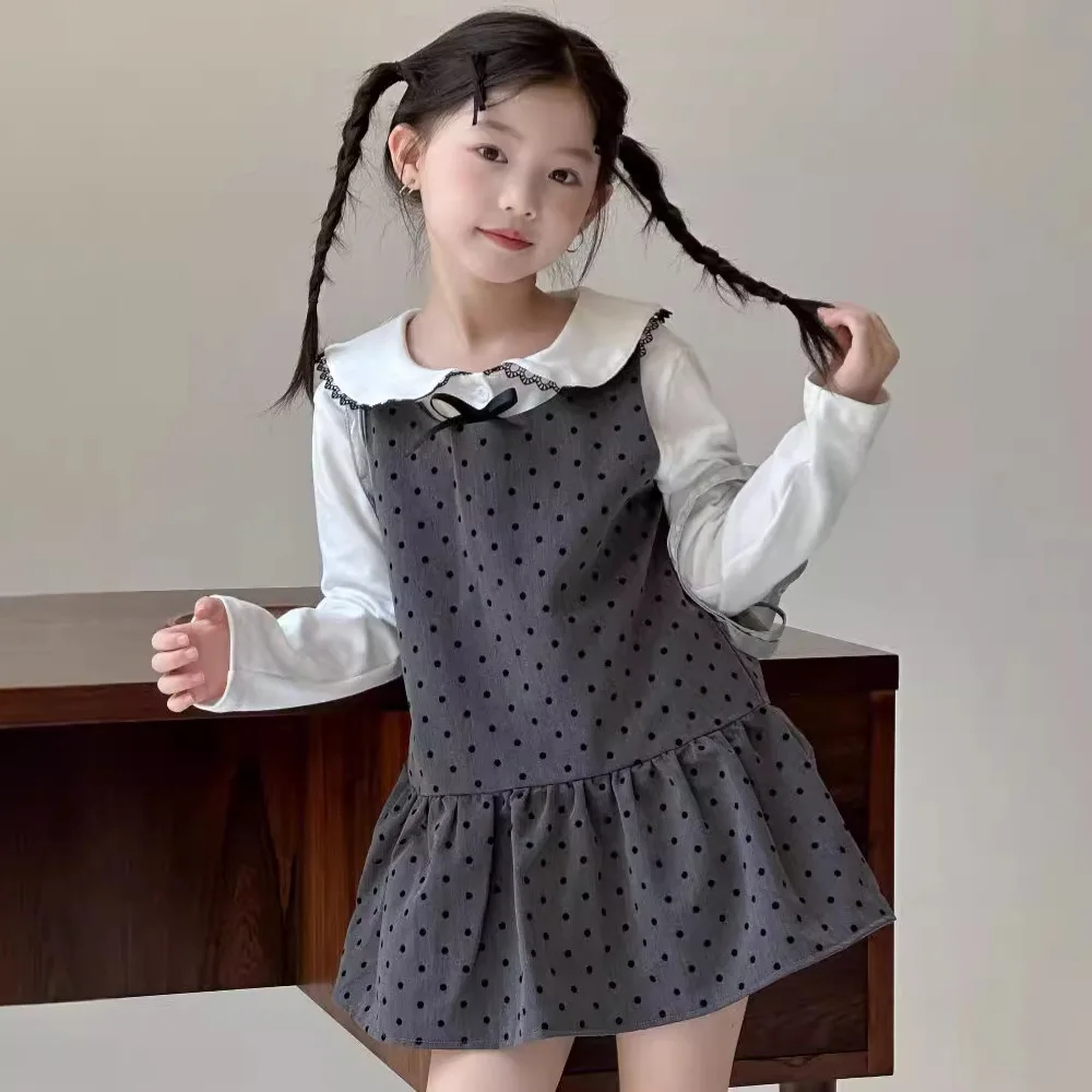 Girl Vest Dress Autumn 2024 New Bow Baby Shirt Wave Point Princess Sweet Casual Simple Fashion Sweet Korean Active Vintage Cute