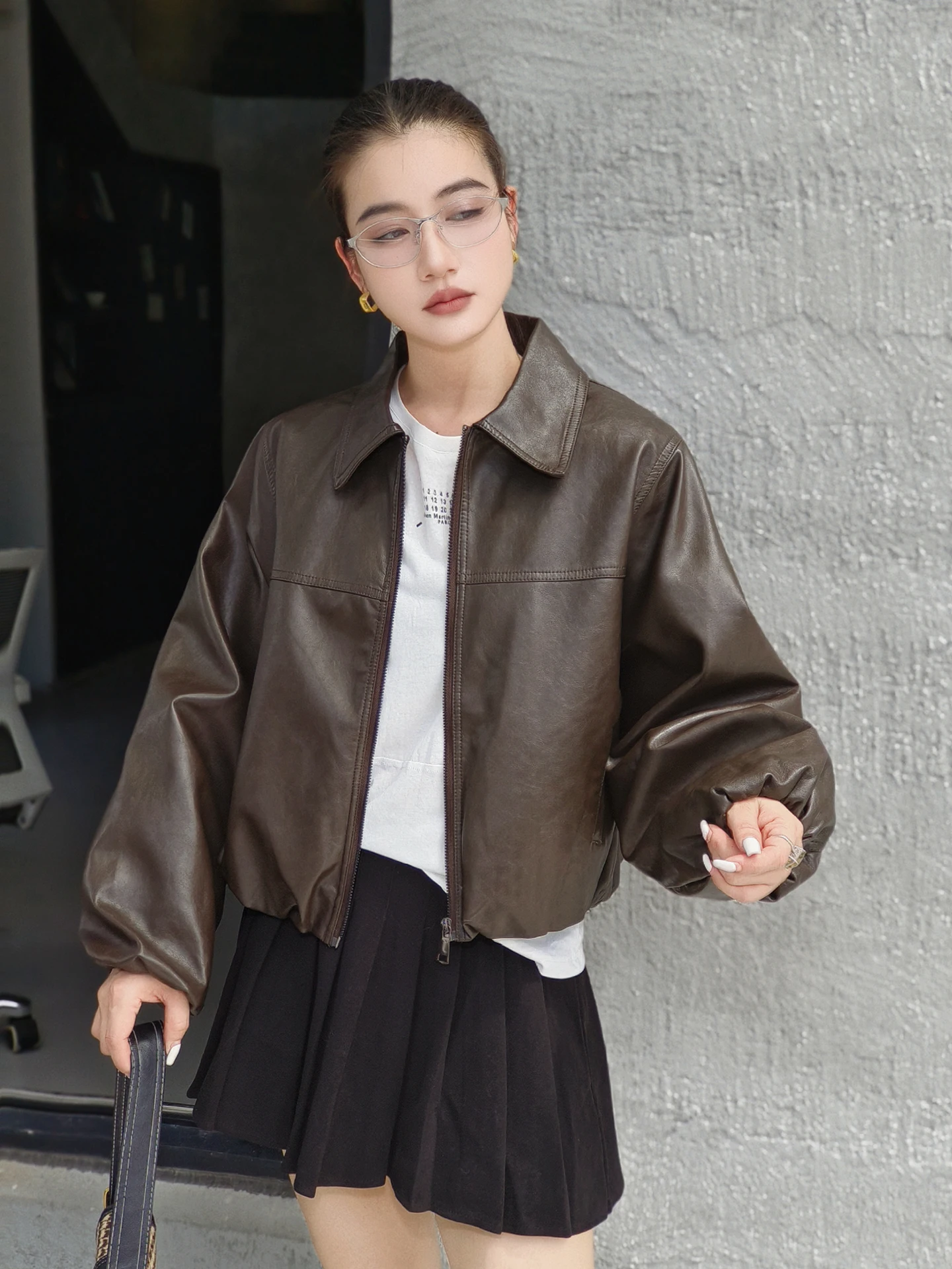 ort Bla Leder Jaet Damen Frühling Herbst Lose Flip Kragen Cool Street Sle Kleine Größe Einfache Jaet Top PU Leder