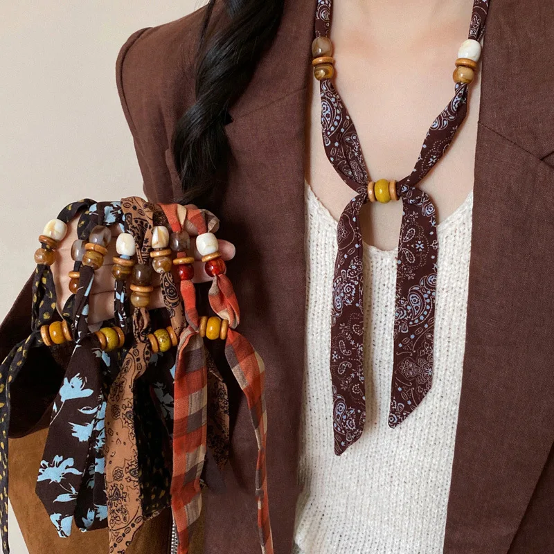 

2026 Melad coffee leopard print bead scarf necklace women's retro adjustable sweater chain with accessories