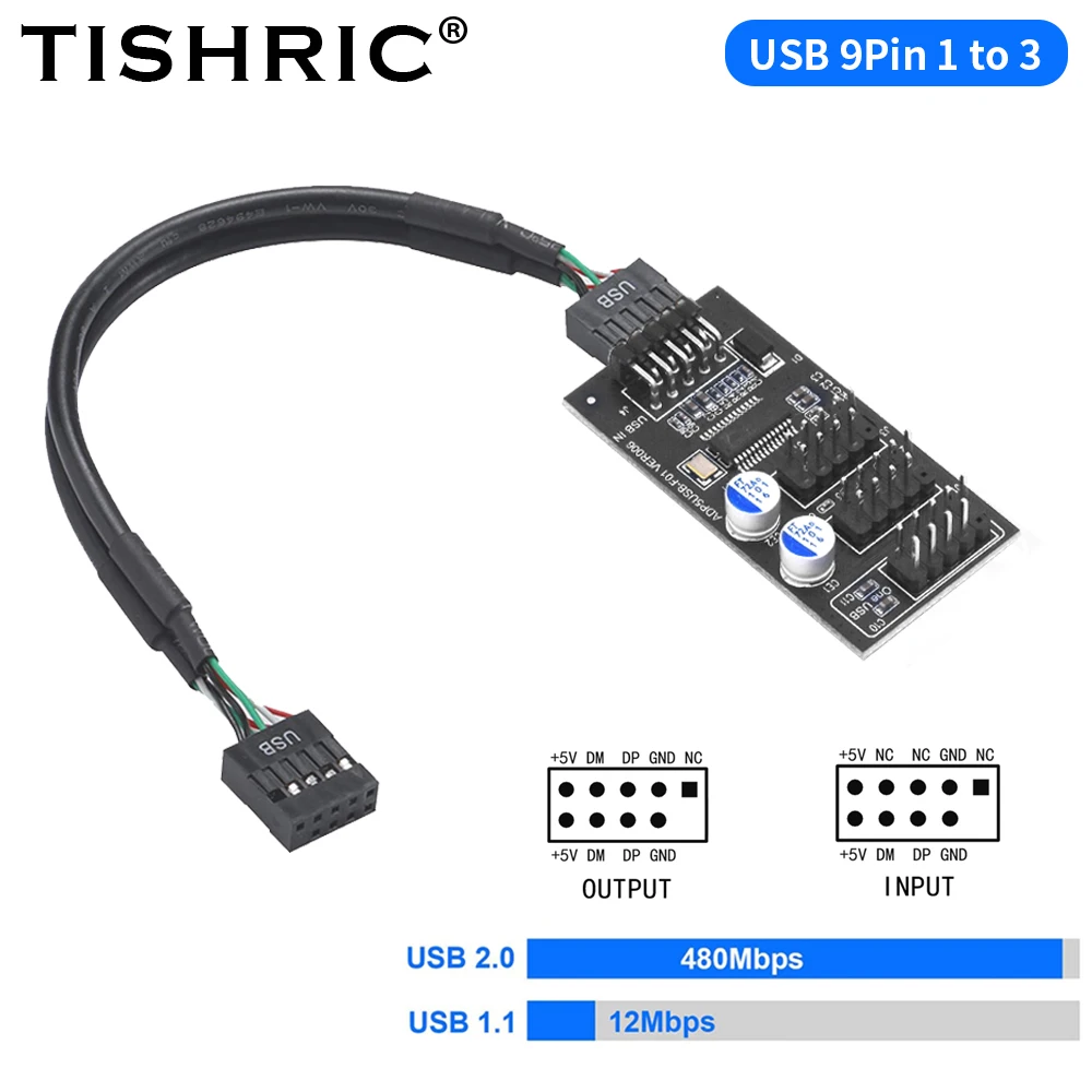 TISHIRC USB Splitter 1 to 3 USB2.0 9Pin Header Board USB 9Pin 1 to 3 adapter board  for Water Cooling for RGB LED Fan Speed Test