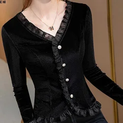 Womens T-shirt Spring Summer V-Neck Long Sleeve Solid Color Button Fashion Casual Tees Stylish Blouses Elegant Tops