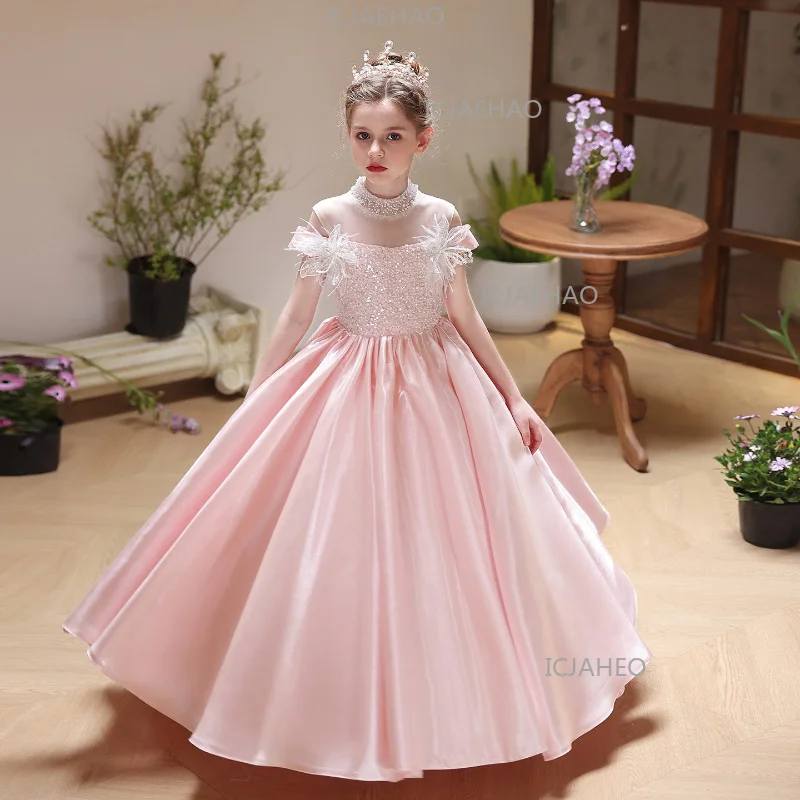 2026 Children Girls Pink Elegant Fashion Party Banquet Princess Gown Violin Performance Outfit Formal Dresses New Kids Birthday