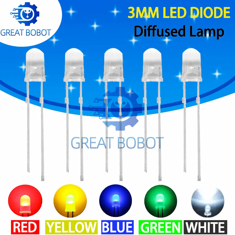 10PCS F3 Ultra Bright 3MM Round Water Clear LED Diodes Kit - Green/Yellow/Blue/White/Red