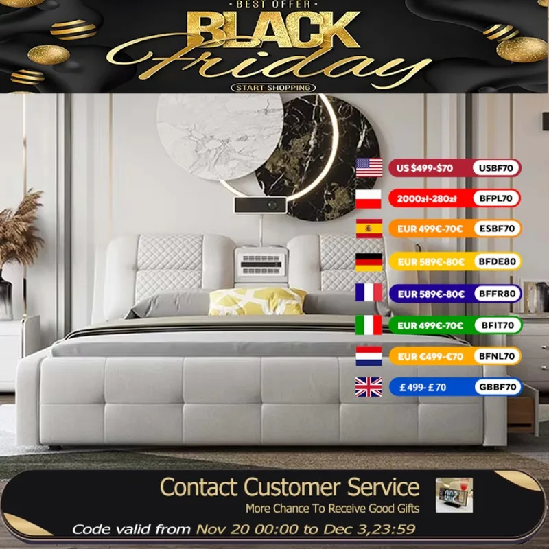 

Wood Storage Simple Bed Projector Usb Charge Modern Massage Bed Bedroom Comferter Lit Intelligent Multifonctions Furniture Home