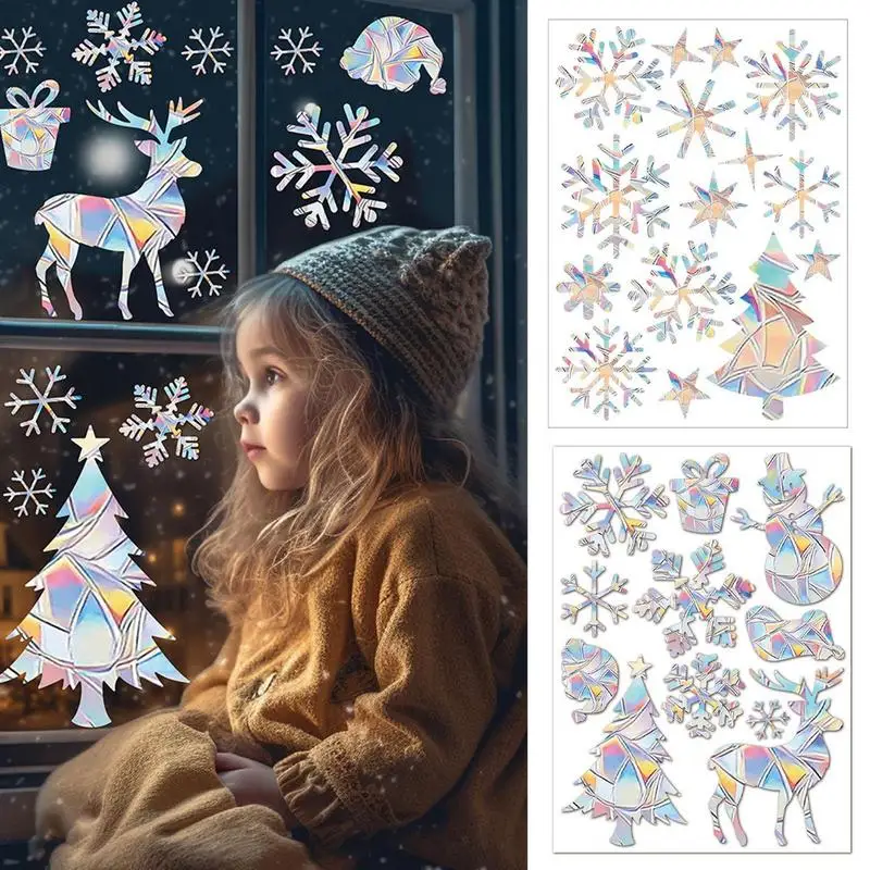 Christmas Colorful Snowflake Window Sticker Christmas Elk Window Sticker Rainbow Prism Electrostatic Glass Stickers Home Decor