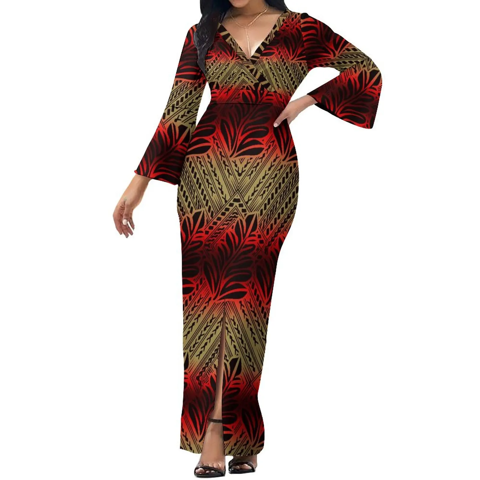 Women's V-Neck Flared Sleeve Slim Package Hip Split Dress Polynesian Women's Banquet Dress Elegant Long Skirt Samoan Tribal