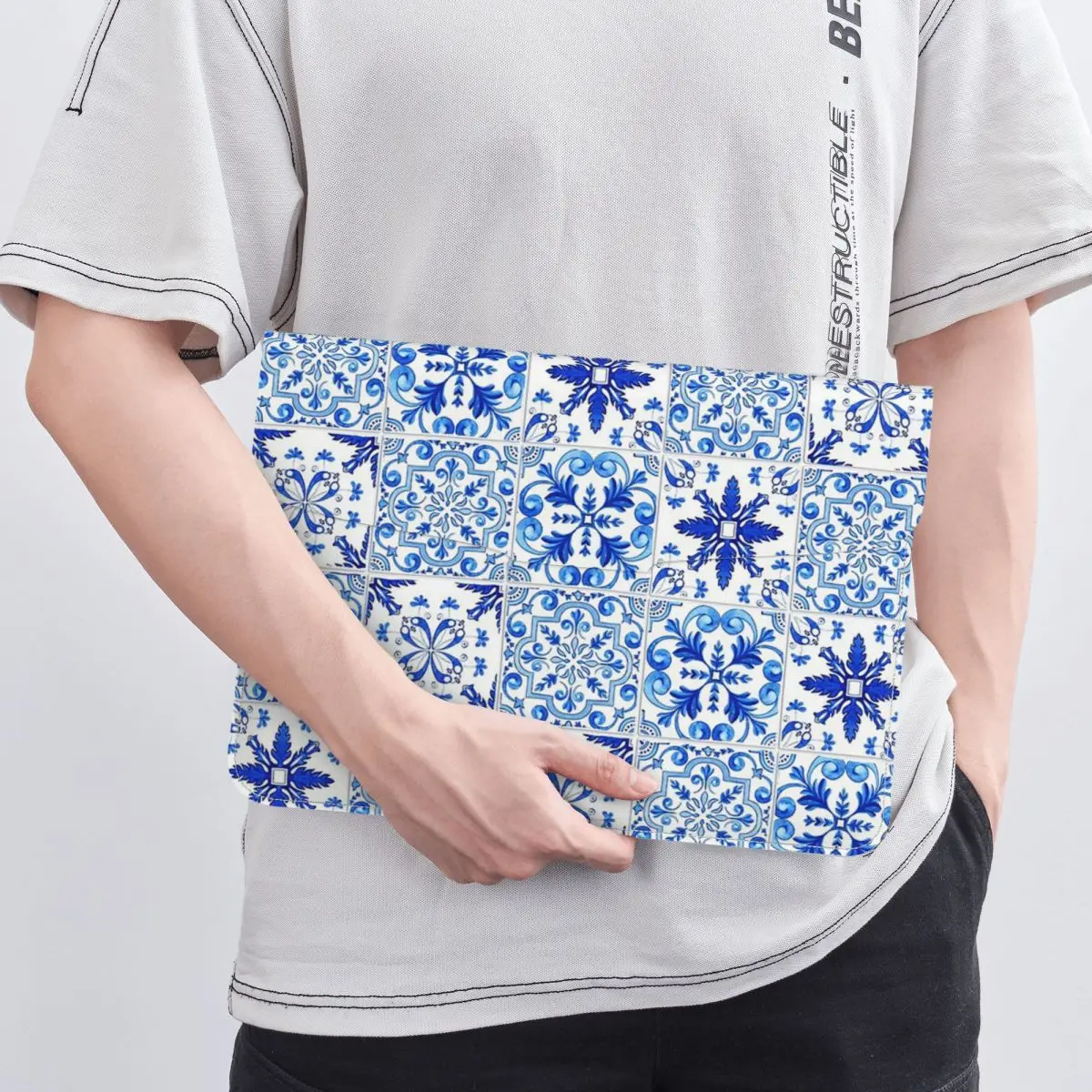 Mediterranean Mosaic Tiles Azulejo PU Leather Horizontal Laptop Sleeve Shockproof Soft Lining Notebook Case 13 Inch