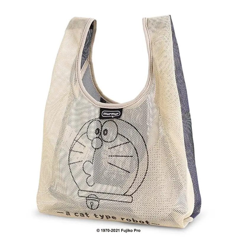 Bolsa de compras plegable de gran capacidad con dibujos de Doraemon, bolso de mano con estampado de malla, regalo navideño para amigos