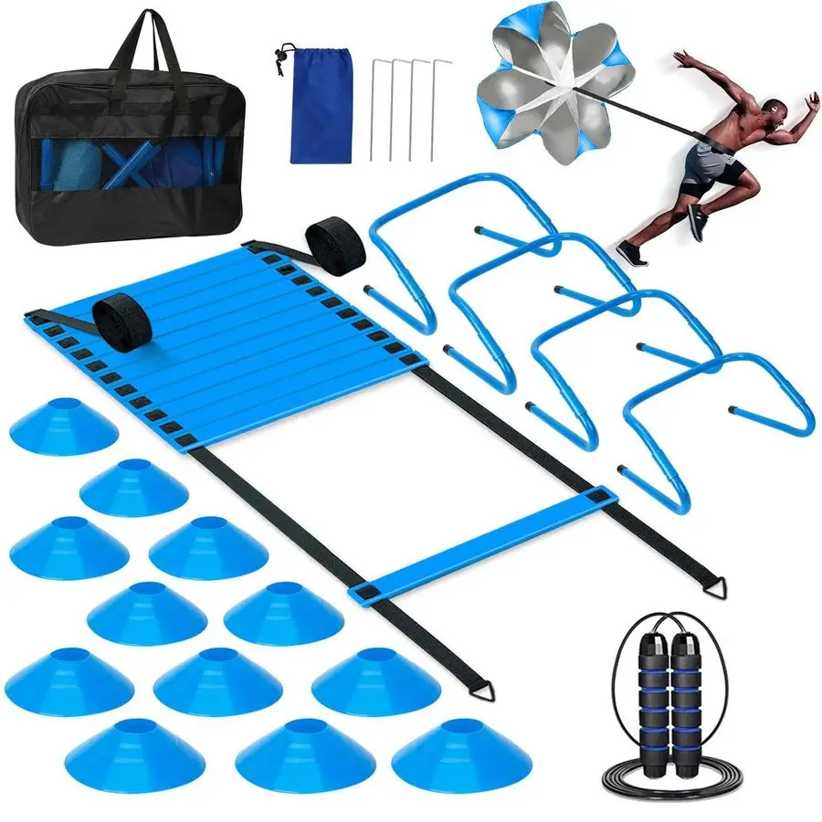 سلم، مجموعة معدات تدريب كرة القدم، 4 حواجز خفة الحركة، سلم سرعة 20 قدم، مظلة للجري، 12 مخروطًا لكرة القدم، حبل القفز Soc