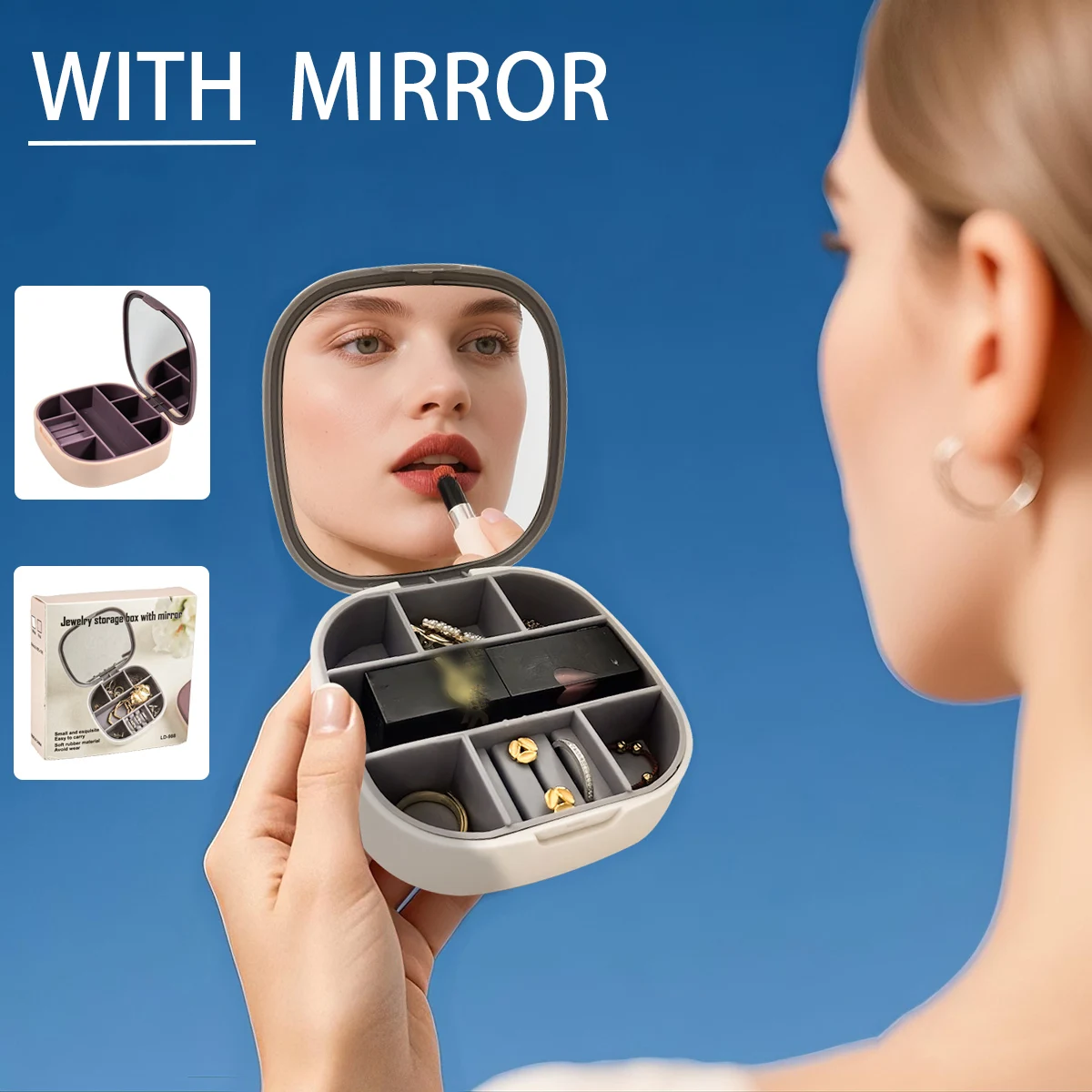 Kosmetische Schmuckaufbewahrungsbox, tragbar beim Ausgehen, mit Spiegel, Ring, Halskette, Schmuckschatulle, Damen-Haarschmuck, Ohrringe, Ohrringe, exquisite Schmuckaufbewahrungsbox