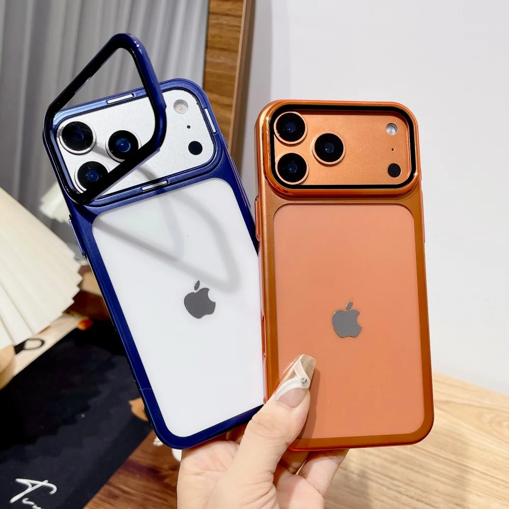 Etui na telefon iPhone 17 Pro Max 17 Pro z przezroczystym, ultracienkim, odpornym na wstrząsy obudową PC, z uchwytem na aparat ze składanego szkła i powłoką galwaniczną.