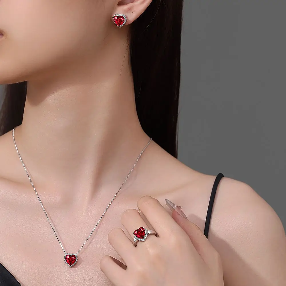 3pcs Original 925 Sterling Silver Set Heart Ruby Red Gem for Women Fashion Clavicle Chain Wedding Jewelry Set Party Gift