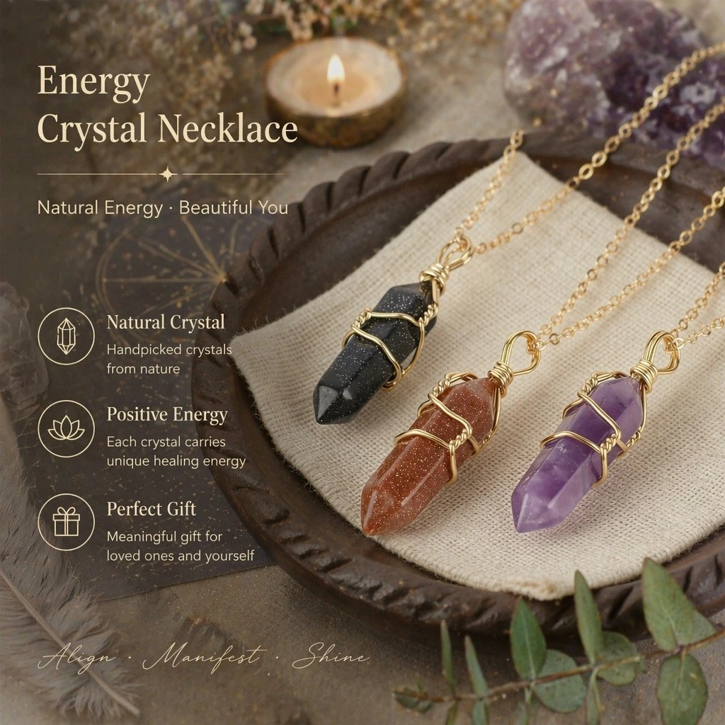 Natural Crystal Hexagonal Column Hand-Wrapped Prism Pendant Ins Gold with Chain DIY Jewelry Necklace for Crafting