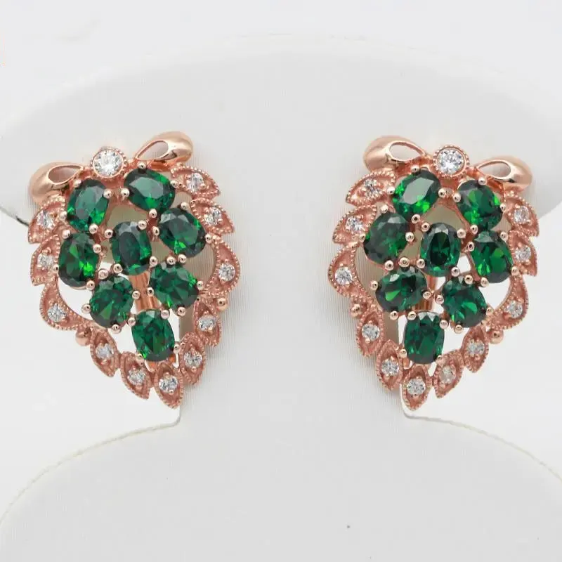 

585 purple gold inlaid emerald earrings for women plated 14K rose gold foliage-shaped elegant fresh bow engagement jewelry gift