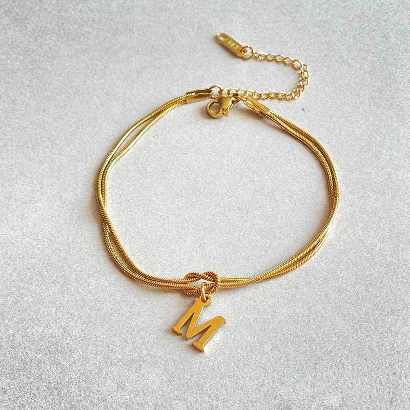 Stainless Steel Dainty Letter A-Z Love Knot Bracelets for Women Couple Fashion Snake Chain Charm Bracelet Jewelry Gift
