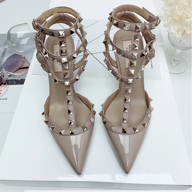Summer Genuine Leather Women's Sandals Classic Rivet buckle Strap Pointed Toe Pumps Luxury Designer Shoes Fashion Heels Sandals